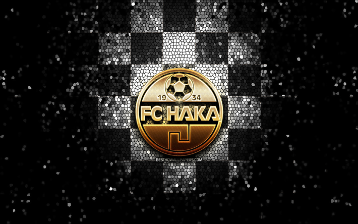 haka fc, glitzerlogo, veikkausliiga, wei&#223;-schwarz karierter hintergrund, fu&#223;ball, finnischer fu&#223;ballverein, fc haka-logo, mosaikkunst, fc haka