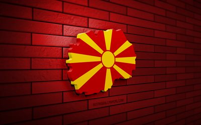 北マケドニアの地図, 4k, 赤レンガの壁, 欧州諸国, 北マケドニアの地図のシルエット, 北マケドニアの旗, ヨーロッパ, マケドニアの地図, マケドニアの旗, 北マケドニア, マケドニアの3dマップ