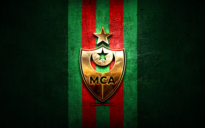 mcアルジェ, 金色のロゴ, アルジェリアシャンピオンネル1, 緑の金属の背景, フットボール, アルジェリアのサッカークラブ, mcアルジェのロゴ, サッカー, ムロウディアクラブダルジャー