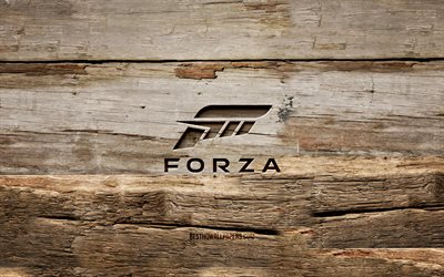 Forza wooden logo, 4K, wooden backgrounds, Forza Motorsport, Forza logo, creative, wood carving, Forza