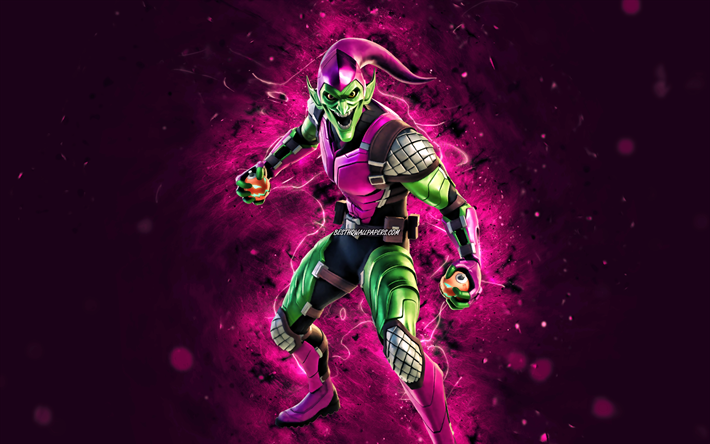 Green Goblin, 4k, purple neon lights, Fortnite Battle Royale, Fortnite characters, Green Goblin Skin, Fortnite, Green Goblin Fortnite