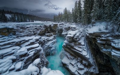 mountain stream, winter, mountain landscape, mountain river, rocks, Alberta, Canada