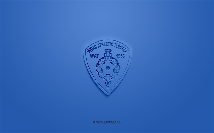 WA Tlemcen, creative 3D logo, blue background, Algerian football club, Ligue Professionnelle 1, Tlemcen, Algeria, 3d art, football, WA Tlemcen 3d logo