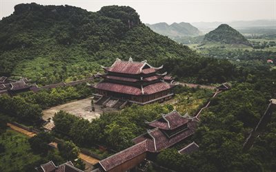 east temple, Buddhism, Vietnam, eastern architecture, mountain landscape, green hills