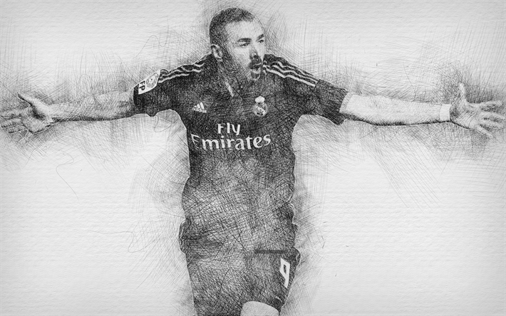 Drawing Karim Benzema, 4k, fan art, football stars, Galacticos, Real Madrid, La Liga, Benzema, artwork, soccer, footballers, Drawing Benzema