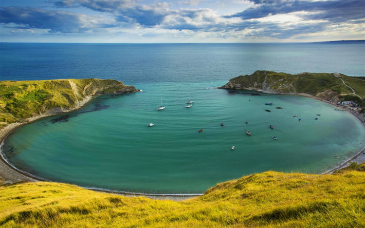 Lulworth Bay, yachts, boats, rocks, Dorset, English Channel, England, Jurassic Coast, United Kingdom