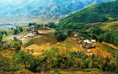 Vietnam, 4k, fattoria, villaggio, riso, campi, montagne, Asia