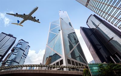 中国銀行タワー, 近代建築, 高層ビル群, 香港, 旅客機, ビジネスの概念, ビジネスの世界