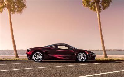 McLaren 720S MSO, 2018, exterior, side view, dark red supercar, coast, palm trees, burgundy 720S, luxury cars, McLaren