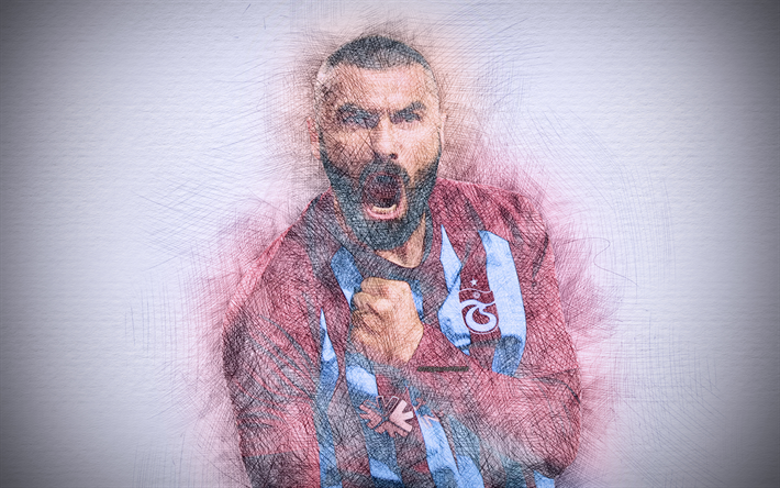 Burak Yilmaz, 4k, artwork, Trabzonspor, soccer, Turkish Super Lig, footballers, drawing Yilmaz, FC Trabzonspor