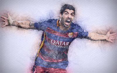 Luis Suarez, 4k, konstverk, fotboll stjärnor, Barcelona, Suarez, fotboll, La Liga, Barca, fotbollsspelare, ritning Suarez, FC Barcelona