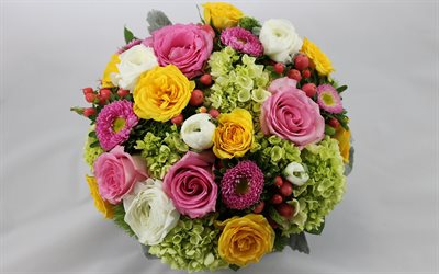 buqu&#234; de casamento, rosas amarelas, cor-de-rosa asters, buqu&#234; de noivas, rosas cor-de-rosa, hort&#234;nsias