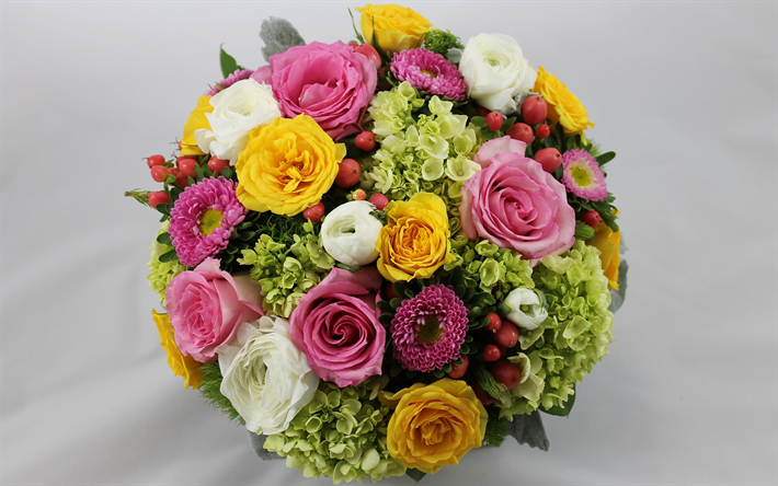 hochzeit bouquet, gelbe rosen, rosa astern-bouquet der braut, rosa rosen, hortensien