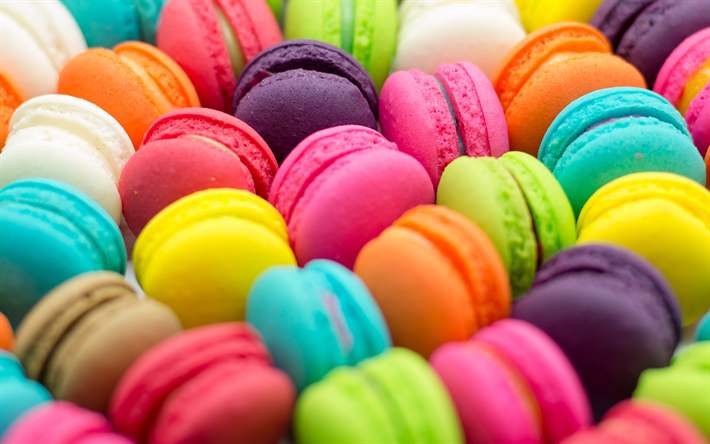 macaroons, macro, colorful cakes, pastries, dessert, sweets, blur