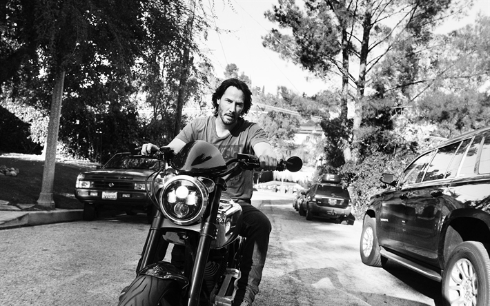 Keanu Reeves, 4k, biker, svartvitt, filmen stj&#228;rnor, Hollywood, amerikansk sk&#229;despelare, k&#228;ndis