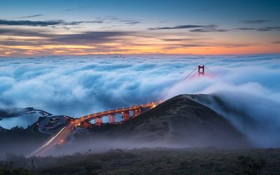 Golden Gate Bridge, coucher de soleil, brouillard, San Francisco, USA, Am&#233;rique du
