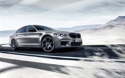 BMW M5 Competition, 2019, 617-hp, sports sedan, tuning M5, exterior, front view, gray M5, black wheels, speed, German cars, BMW