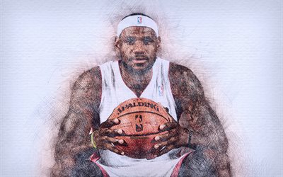 4k, LeBron James, close-up, obras de arte, EUA Nacionais Equipe, estrelas de basquete, desenho de LeBron James, basquete