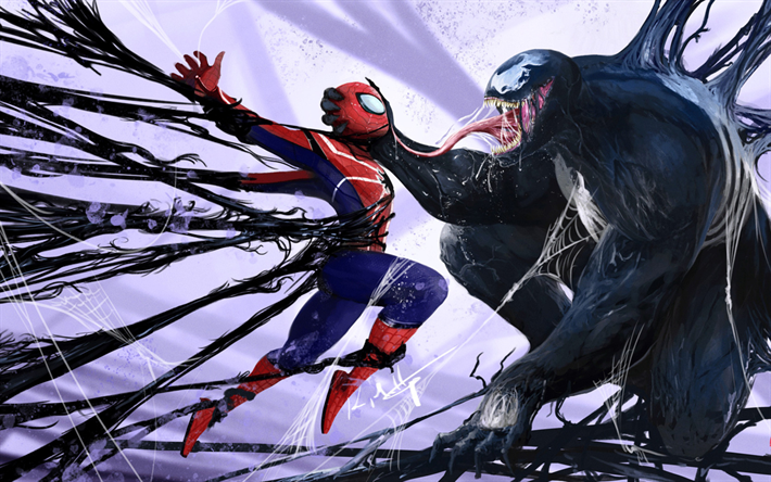 Venom vs Spiderman, battle, fan art, superheroes, artwork, Spider-Man, DC Comics, Spiderman, Venom