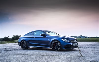 Mercedes-Benz C63S AMG, 2018, exterior, front view, blue sports coupe, tuning, new blue C63, German sports cars, Mercedes