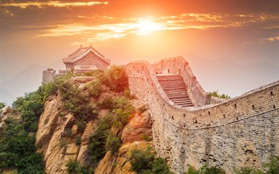 Grande Muralha da China, 4k, p&#244;r do sol, chin&#234;s marcos, montanhas, &#193;sia, China