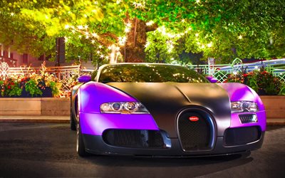 Bugatti Veyron, street, hypercars, supercars, purple Veyron, Bugatti