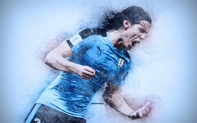 Edinson Cavani, 4k, artwork, Uruguayan football team, soccer, footballers, drawing Cavani, Uruguay National Team