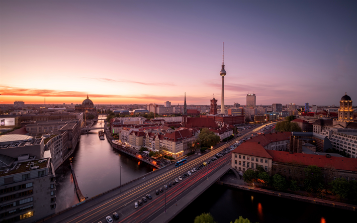 Berlim, Capital alem&#227;, Torre de TELEVIS&#195;O de Berlim, torre, noite, paisagem urbana, p&#244;r do sol, Alemanha