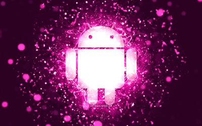 Android purple logo, 4k, purple neon lights, creative, purple abstract background, Android logo, OS, Android