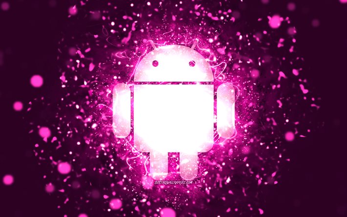 Logo viola Android, 4k, luci al neon viola, creativo, sfondo astratto viola, logo Android, sistema operativo, Android