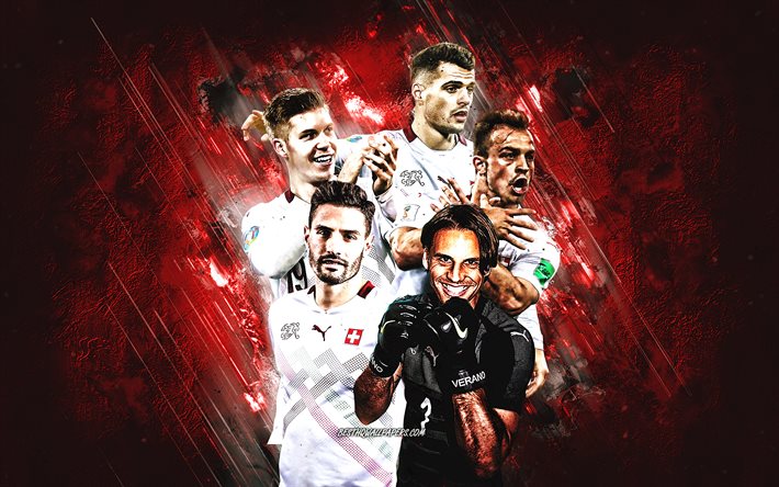 Switzerland national football team, red stone background, Switzerland, football, Xherdan Shaqiri, Granit Xhaka, Yann Sommer