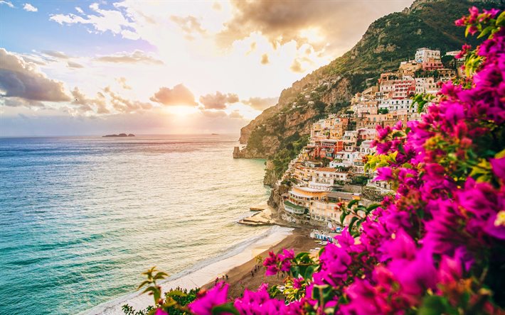 Salerne, 4k, coucher de soleil, belle nature, monuments italiens, mer, &#233;t&#233;, Amalfi, Italie, Europe, villes italiennes
