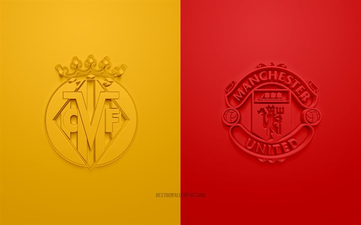 Villarreal CF vs Manchester United FC, Final, 2021 UEFA Europa League Final, 2021, logos 3D, fond jaune-rouge, Europa League, match de football, Villarreal CF, Manchester United FC