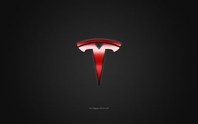 Tesla logo, red logo, gray carbon fiber background, Tesla metal emblem, Tesla, cars brands, creative art