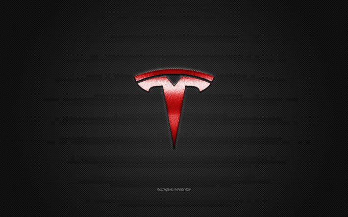 Tesla-logotyp, r&#246;d logotyp, gr&#229; kolfiberbakgrund, Tesla-metallemblem, Tesla, bilm&#228;rken, kreativ konst