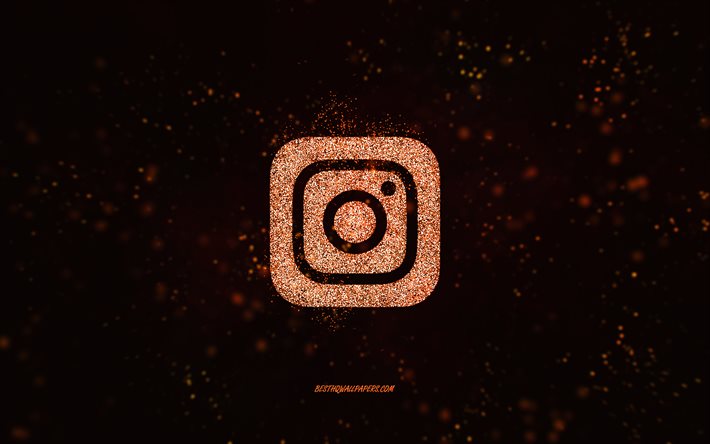 Instagramのキラキラロゴ, 黒の背景, Instagramのロゴ, オレンジ色のキラキラアート, Instagram, クリエイティブアート, Instagramのオレンジ色のキラキラロゴ