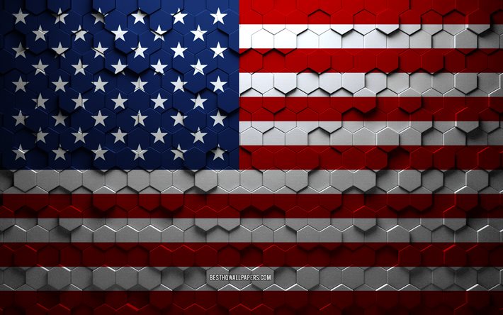 Flag of USA, honeycomb art, USA hexagons flag, USA, 3d hexagons art, USA flag, American flag
