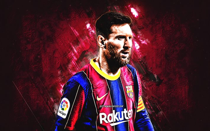 Lionel Messi, portrait, FC Barcelona, Leo Messi, burgundy stone background, Messi art, Argentine footballer, Spain, football