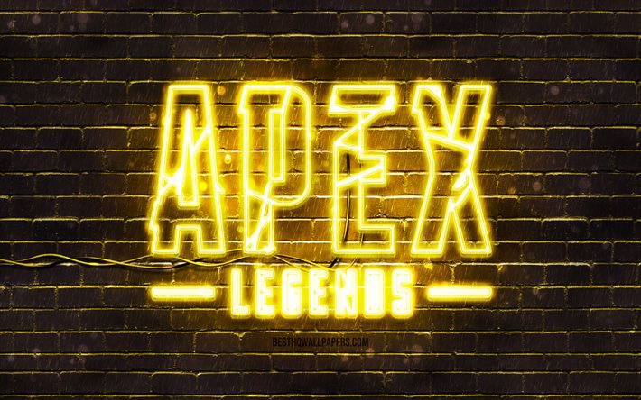 Apex Legends gul emblem, 4k, gul brickwall, Apex Legends emblem, spelm&#228;rken, Apex Legends neon emblem, Apex Legends