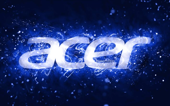 Acer dark blue logo, 4k, dark blue neon lights, creative, dark blue abstract background, Acer logo, brands, Acer