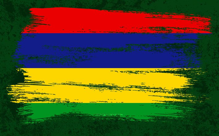 4k, bandiera delle Mauritius, bandiere del grunge, paesi africani, simboli nazionali, tratto di pennello, arte del grunge, Africa, Mauritius