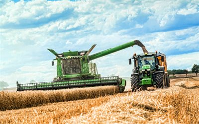 John Deere S770i, John Deere 6250R, 4k, combine harvester, 2021 combines, wheat harvest, harvesting concepts, agriculture concepts, John Deere
