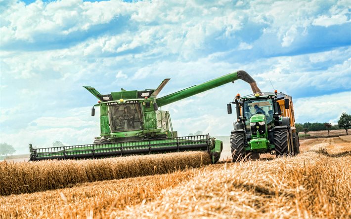 John Deere S770i, John Deere 6250R, 4k, moissonneuse-batteuse, moissonneuses-batteuses 2021, récolte de blé, concepts de récolte, concepts agricoles, John Deere