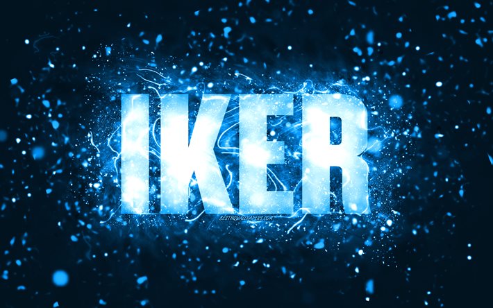 Mutlu Yıllar Iker, 4k, mavi neon ışıklar, Iker adı, yaratıcı, Iker Mutlu Yıllar, Iker Doğum G&#252;n&#252;, pop&#252;ler amerikan erkek isimleri, Iker isimli resim, Iker