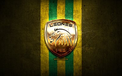 Itagui Leones FC, golden logo, Categoria Primera A, yellow metal background, football, colombian football club, Itagui Leones logo, soccer, FC Itagui Leones