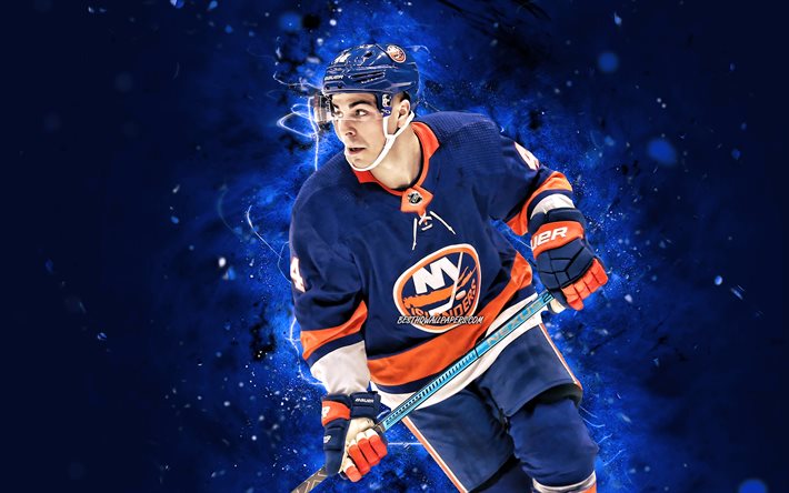 Jean-Gabriel Pageau, 4k, NHL, New York Islanders, hokey yıldızları, hokey, mavi neon ışıkları, NY Islanders, hokey oyuncuları, Jean-Gabriel Pageau New York Islanders, Jean-Gabriel Pageau 4K