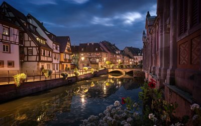 Colmar, evening, sunset, beautiful cities, beautiful buildings, Colmar cityscape, Grand Est, Haut-Rhin, France