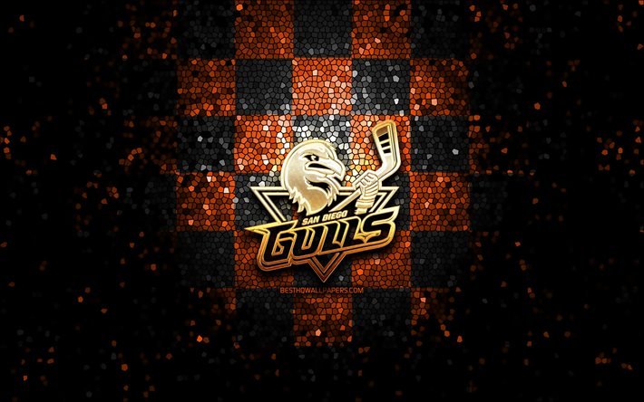 San Diego Gaivotas, glitter logotipo, AHL, laranja preto fundo quadriculado, EUA, americana time de h&#243;quei, San Diego Gaivotas logotipo, arte em mosaico, h&#243;quei, Am&#233;rica