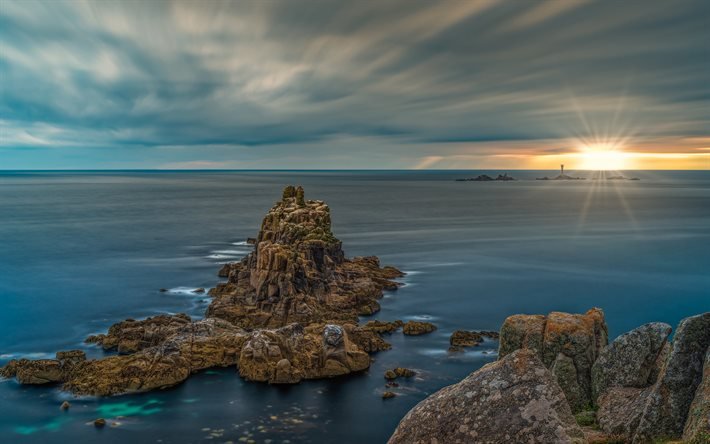 Cornwall, Celtic Sea, evening, seascape, sunset, sea, lighthouse, English Channel, South West England, United Kingdom