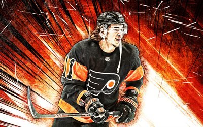 4k, Travis Konecny, grunge art, NHL, Philadelphia Flyers, hockey stars, hockey, orange abstract rays, hockey players, Travis Konecny Philadelphia Flyers, Travis Konecny 4K